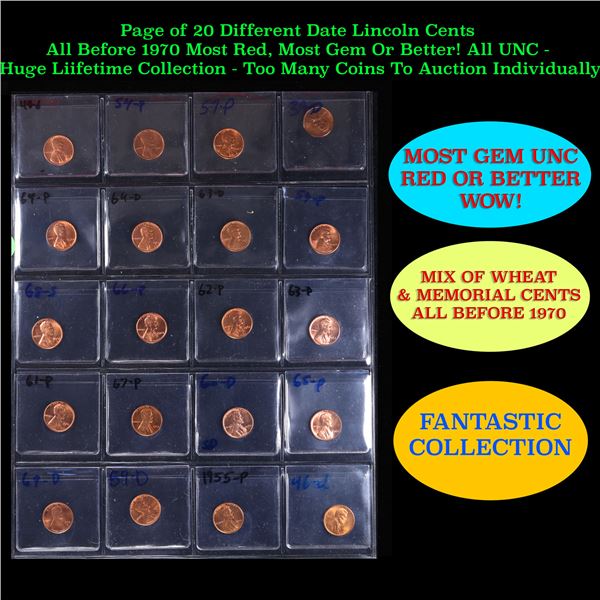Page of 20 Different Date Lincoln Cents All Before 1970 Most Red, Most Gem Or Better! All UNC - Huge