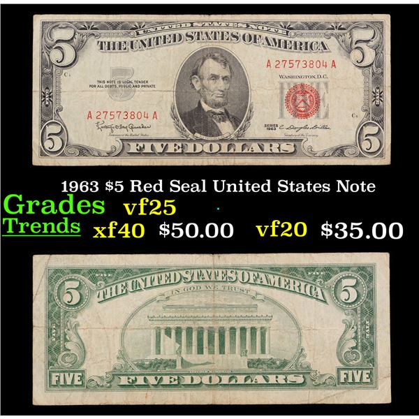 1963 $5 Red Seal United States Note Grades vf+