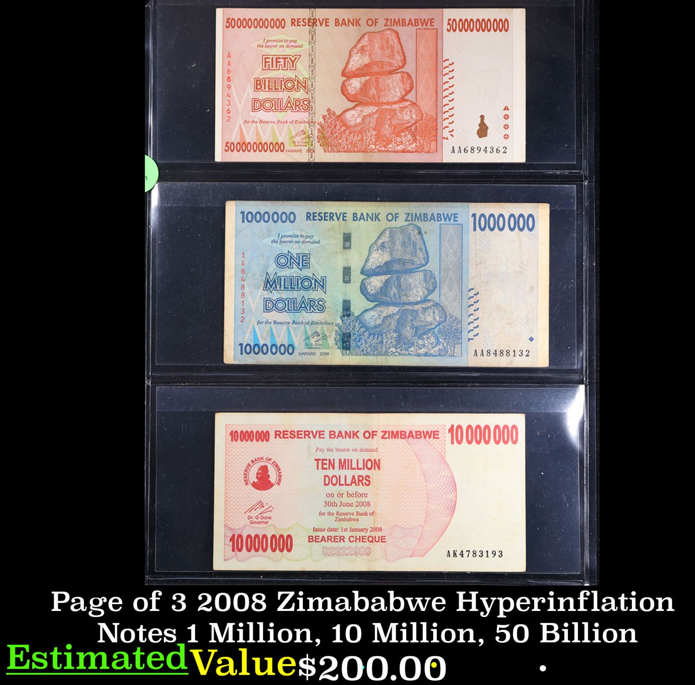 Zimababwe Note Page of 3 2008 Zimababwe Hyperinflation Notes 1 Million, 10 Million, 50 ...