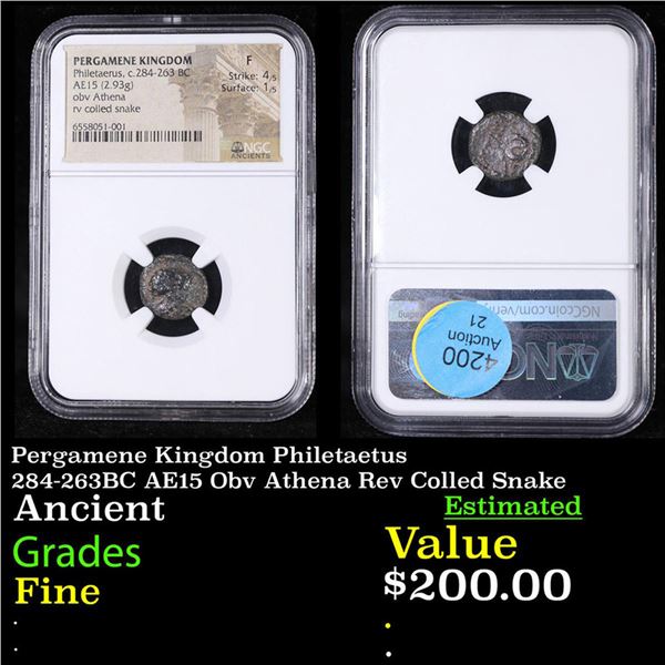 NGC Pergamene Kingdom Philetaetus 284-263BC AE15 Obv Athena Rev Colled Snake Ancient Graded Fine BY 