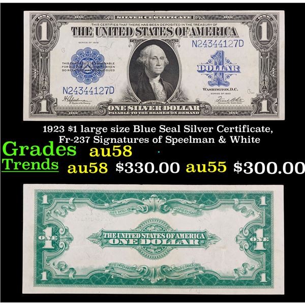1923 $1 large size Blue Seal Silver Certificate, Fr-237 Signatures of Speelman & White Grades Choice
