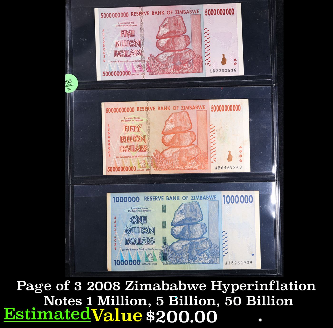 Page of 3 2008 Zimababwe Hyperinflation Notes 1 Million, 5 Billion, 50 ...