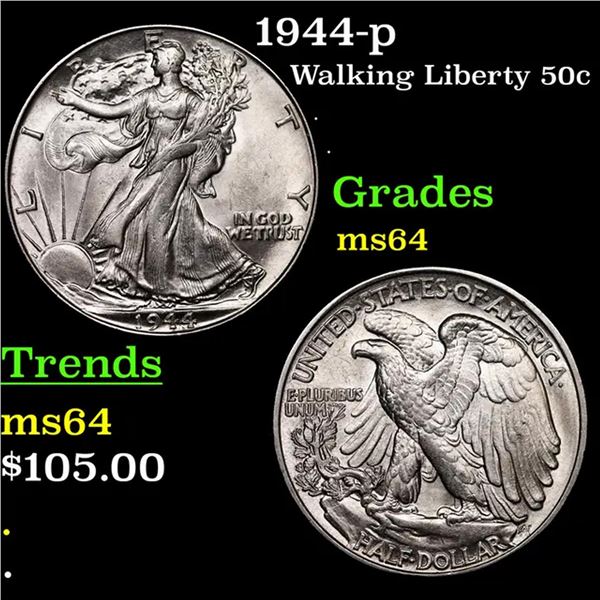1944-p Walking Liberty Half Dollar 50c Grades Choice Unc