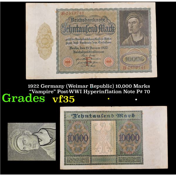1922 Germany (Weimar Republic) 10,000 Marks "Vampire" Post-WWI Hyperinflation Note P# 70 Grades vf++