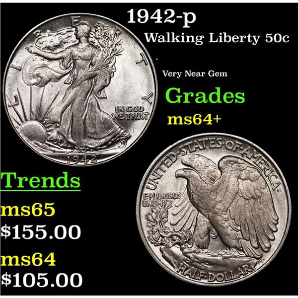 1942-p Walking Liberty Half Dollar 50c Grades Choice+ Unc