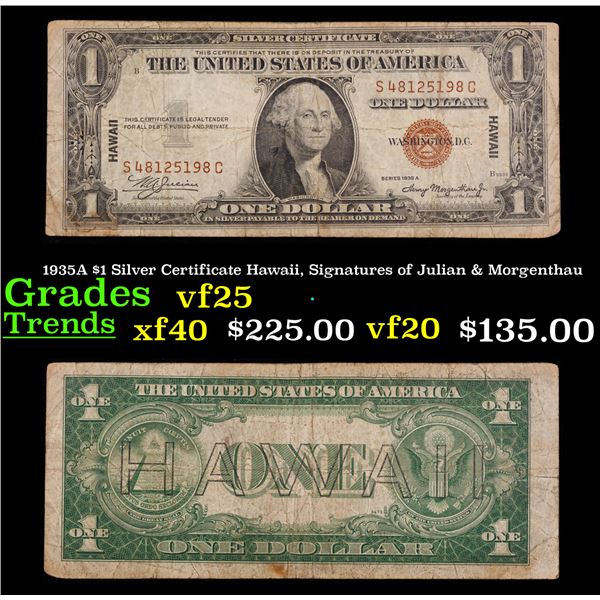 1935A $1 Silver Certificate Hawaii, Signatures of Julian & Morgenthau Grades vf+