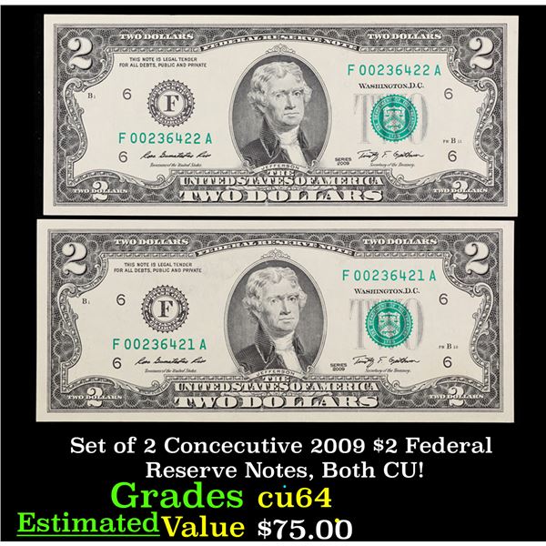 Set of 2 Concecutive 2003 $2 Federal Reserve Notes, Both CU! Grades Choice CU