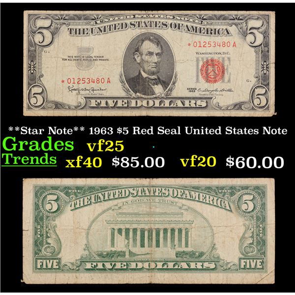 1963 $5 Red Seal United States Note Grades vf+