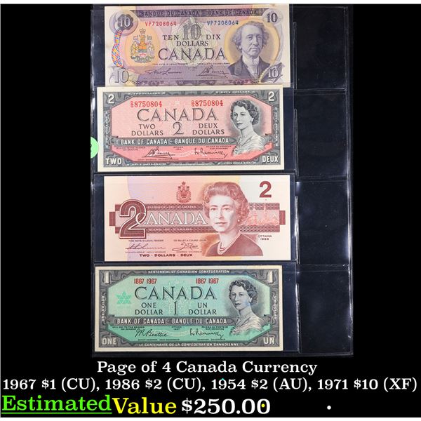 Page of 4 Canada Currency 1967 $1 (CU), 1986 $2 (CU), 1954 $2 (AU), 1971 $10 (XF)