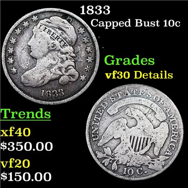 1833 Capped Bust Dime 10c Grades vf++