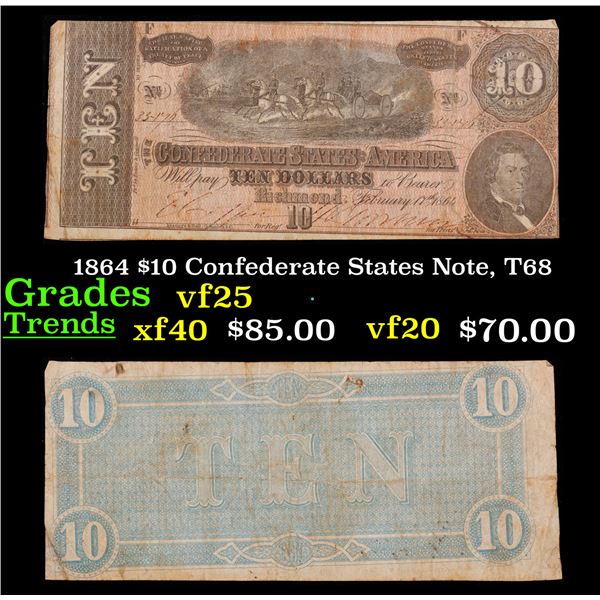 1864 $10 Confederate States Note, T68 Grades vf+