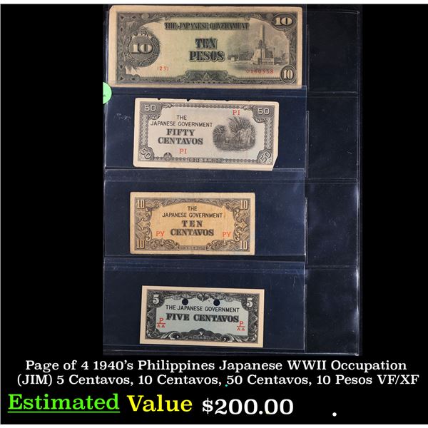 Page of 4 1940's Philippines Japanese WWII Occupation (JIM) 5 Centavos, 10 Centavos, 50 Centavos, 10