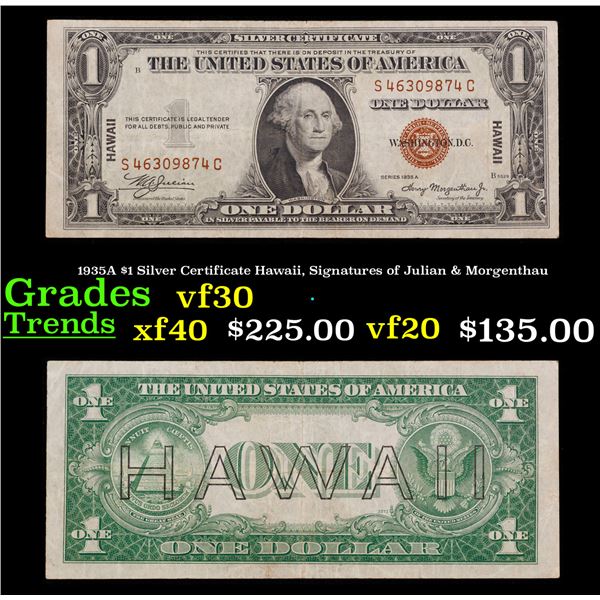 1935A $1 Silver Certificate Hawaii, Signatures of Julian & Morgenthau Grades vf++