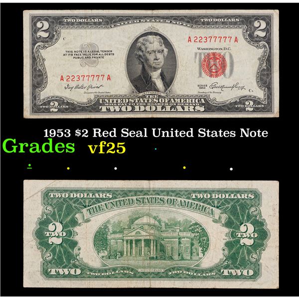 1953 $2 Red Seal United States Note Grades vf+