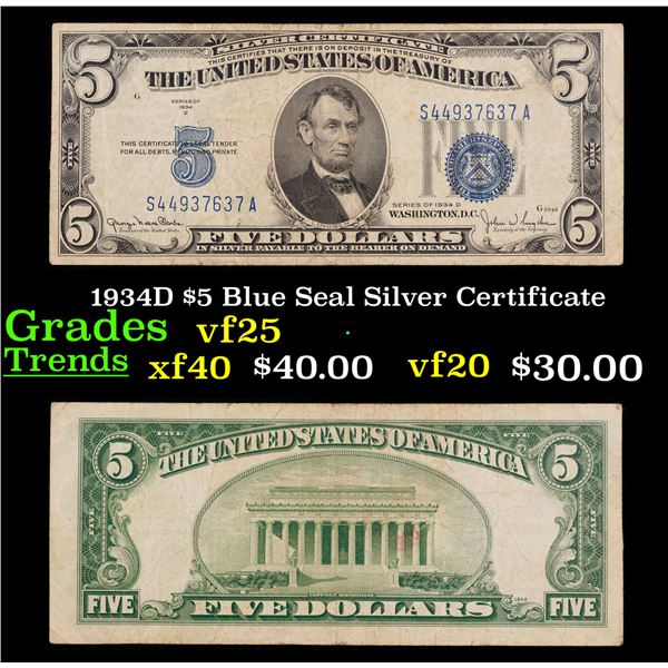 1934D $5 Blue Seal Silver Certificate Grades vf+