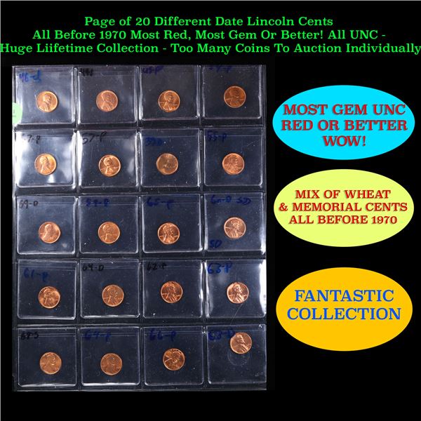 Page of 20 Different Date Lincoln Cents All Before 1970 Most Red, Most Gem Or Better! All UNC - Huge