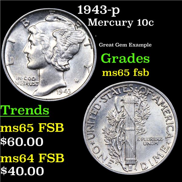 1943-p Mercury Dime 10c Grades GEM FSB