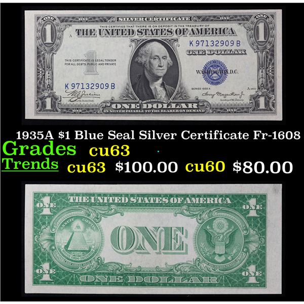 1935A $1 Blue Seal Silver Certificate Fr-1608 Grades Select CU