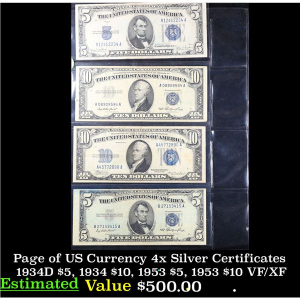 Page of US Currency 4x Silver Certificates 1934D $5, 1934 $10, 1953 $5, 1953 $10 VF/XF