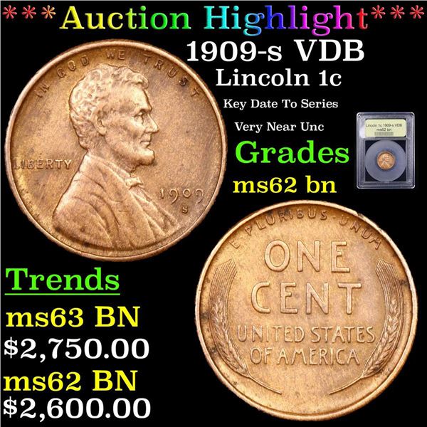 ***Auction Highlight*** 1909-s VDB Lincoln Cent 1c Grades Choice AU/BU Slider By USCG (fc)