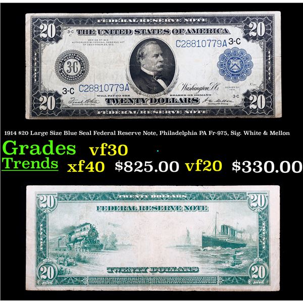 1914 $20 Large Size Blue Seal Federal Reserve Note, Philadelphia PA Fr-975, Sig. White & Mellon Grad