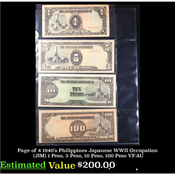 Page of 4 1940's Philippines Japanese WWII Occupation (JIM) 1 Peso, 5 Peso, 10 Peso, 100 Peso VF-AU