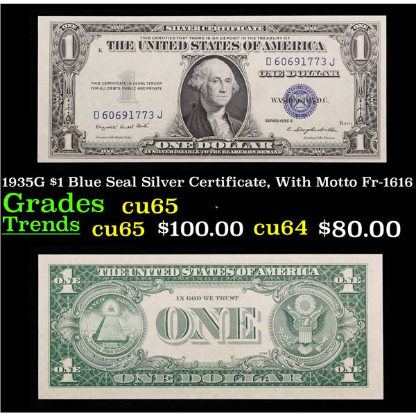 1935G $1 Blue Seal Silver Certificate, With Motto Fr-1616 Grades Gem CU