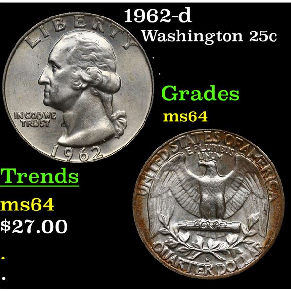1962-d Washington Quarter 25c Grades Choice Unc