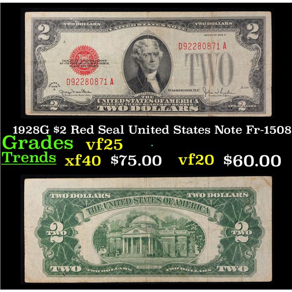 1928G $2 Red Seal United States Note Fr-1508 Grades vf+