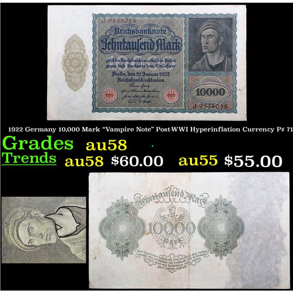 1922 Germany 10,000 Mark "Vampire Note" Post-WWI Hyperinflation Currency P# 71 Grades Choice AU/BU S