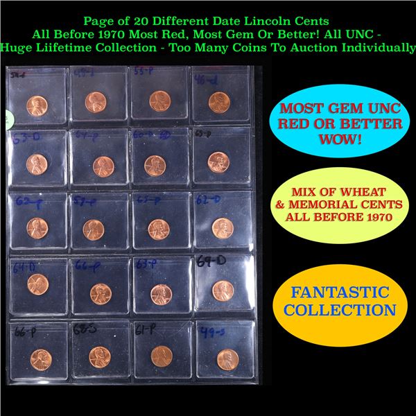 Page of 20 Different Date Lincoln Cents All Before 1970 Most Red, Most Gem Or Better! All UNC - Huge