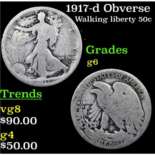 1917-d Obverse Walking Liberty Half Dollar 50c Grades g+
