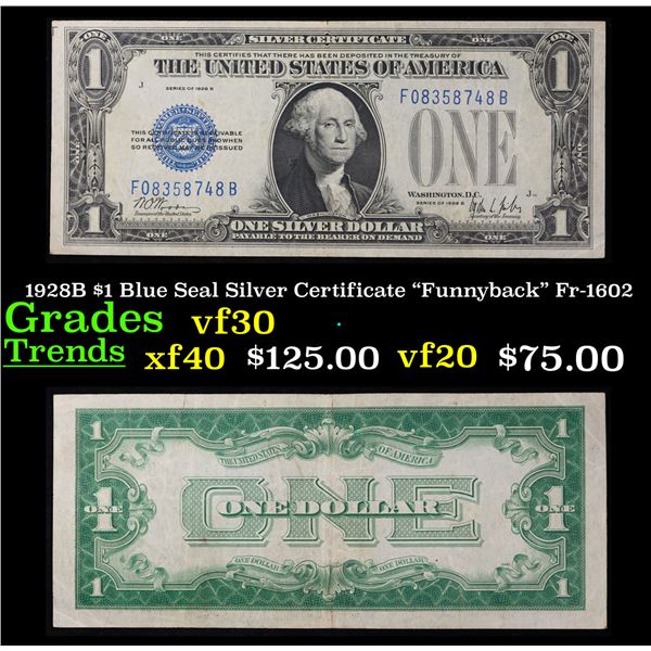 1928B $1 Blue Seal Silver Certificate "Funnyback" Fr-1602 Grades vf++