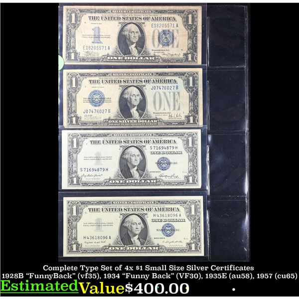 Complete Type Set of 4x $1 Small Size Silver Certificates 1928B "Funny Back" (vf35), 1934 "Funny Bac
