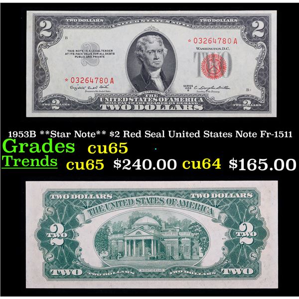 1953B **Star Note** $2 Red Seal United States Note Fr-1511 Grades Gem CU
