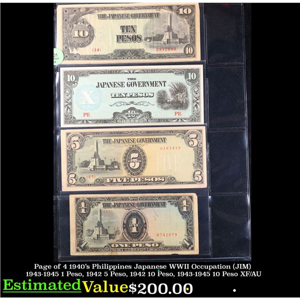 Page of 4 1940's Philippines Japanese WWII Occupation (JIM) 1943-1945 1 Peso, 1942 5 Peso, 1942 10 P