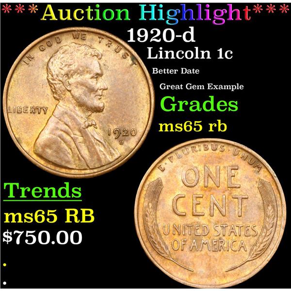 ***Auction Highlight*** 1920-d Lincoln Cent 1c Graded GEM Unc RB BY USCG (fc)