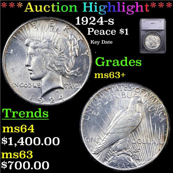 ***Auction Highlight*** 1924-s Peace Dollar $1 Graded ms63+ BY SEGS (fc)