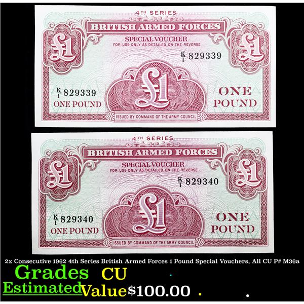 2x Consecutive 1962 4th Series British Armed Forces 1 Pound Special Vouchers, All CU P# M36a Grades 