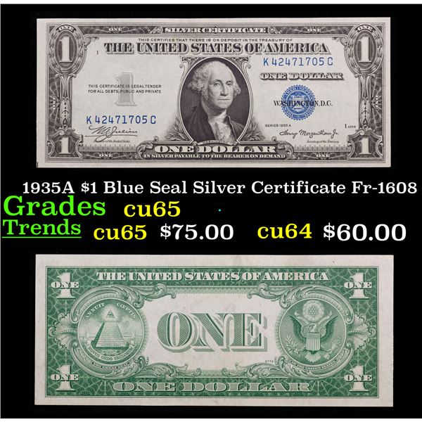 1935A $1 Blue Seal Silver Certificate Fr-1608 Grades Gem CU