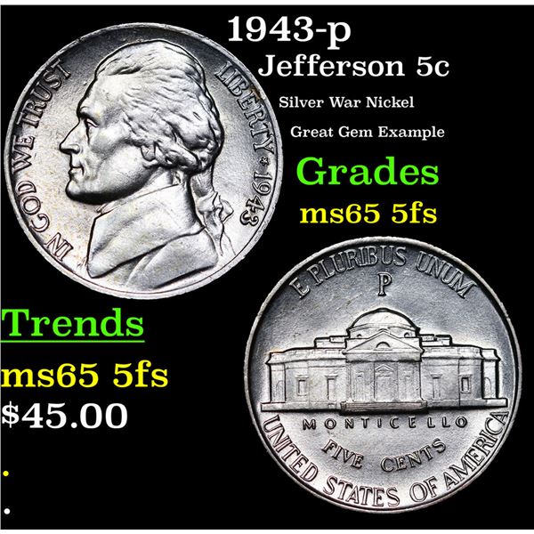 1943-p Jefferson Nickel 5c Grades GEM 5fs