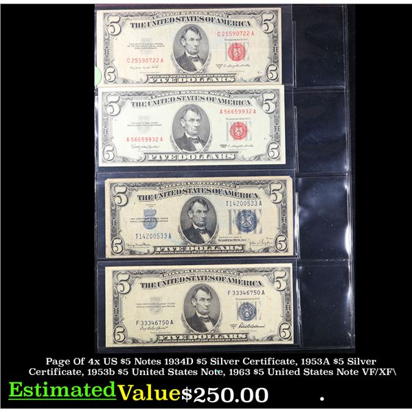 Page Of 4x US $5 Notes 1934D $5 Silver Certificate, 1953A $5 Silver Certificate, 1953b $5 United Sta