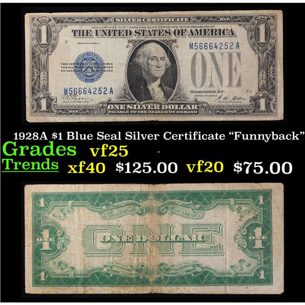 1928A $1 Blue Seal Silver Certificate "Funnyback" Grades vf+