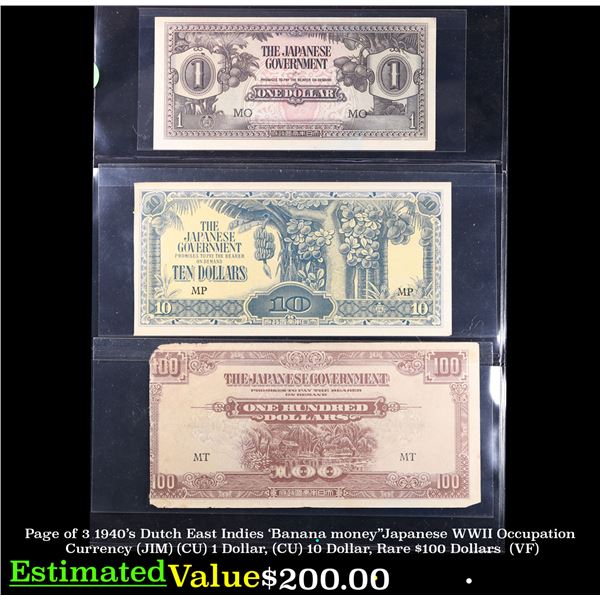 Page of 3 1940's Dutch East Indies 'Banana money"Japanese WWII Occupation Currency (JIM) (CU) 1 Doll