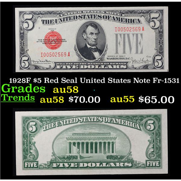 1928F $5 Red Seal United States Note Fr-1531 Grades Choice AU/BU Slider
