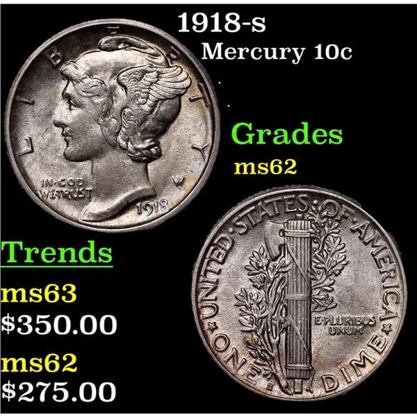 1918-s Mercury Dime 10c Grades Select Unc