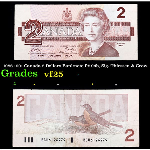 1986-1991 Canada 2 Dollars Banknote P# 94b, Sig. Thiessen & Crow Grades vf+