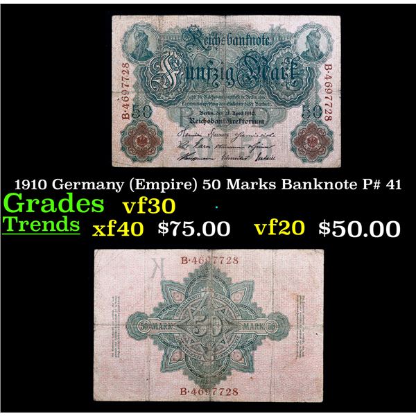 1910 Germany (Empire) 50 Marks Banknote P# 41 Grades vf++