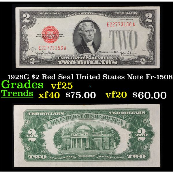 1928G $2 Red Seal United States Note Fr-1508 Grades vf+