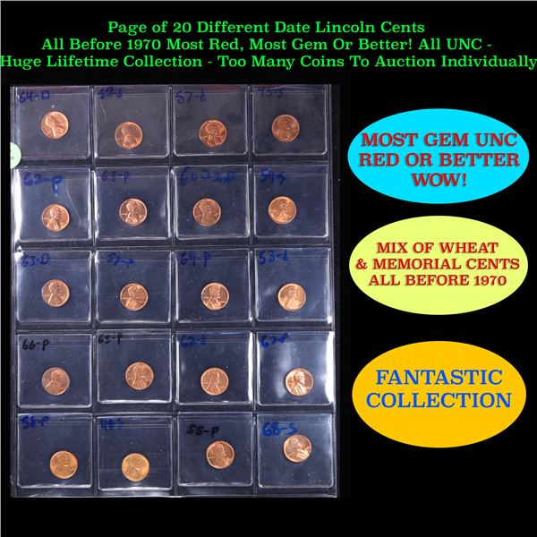 Page of 20 Different Date Lincoln Cents All Before 1970 Most Red, Most Gem Or Better! All UNC - Huge